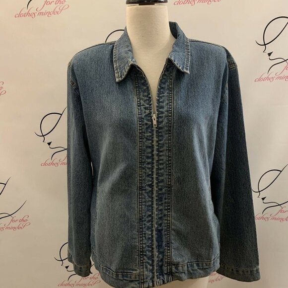 Adolfo. Size Large. Jean Jacket. Cotton/spandex/poly. Snap Cuffs. Zip. B26 - Picture 1 of 8